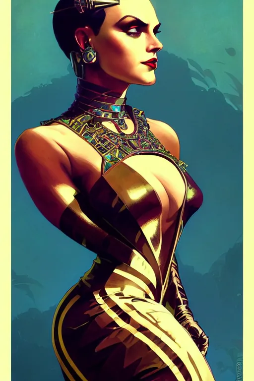 Image similar to art deco gta 5 killer queen profile picture by greg rutkowski, dynamic pose, intricate, futuristic, fantasy, elegant, by stanley artgerm lau, greg rutkowski, thomas kindkade, alphonse mucha, loish, norman rockwell, fantasy lut, asymmetric, long hair, retro computer graphics, video game, fluid lines,