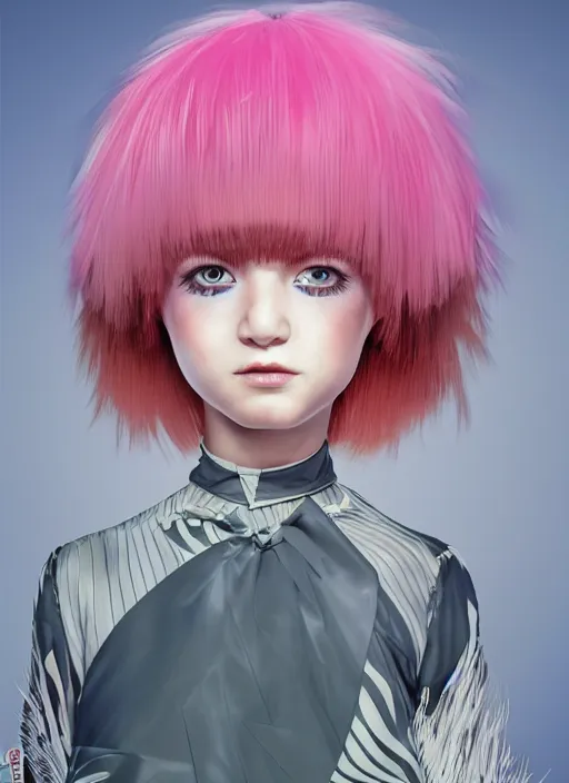 Prompt: little girl with an eccentric haircut wearing an dress made of feathers, artwork made by ilya kuvshinov and hirohiko araki, full character
