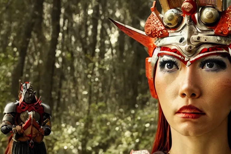 Image similar to vfx movie scene closeup nomad cyborg warrior viking geisha in a smoldering forest. by emmanuel lubezki