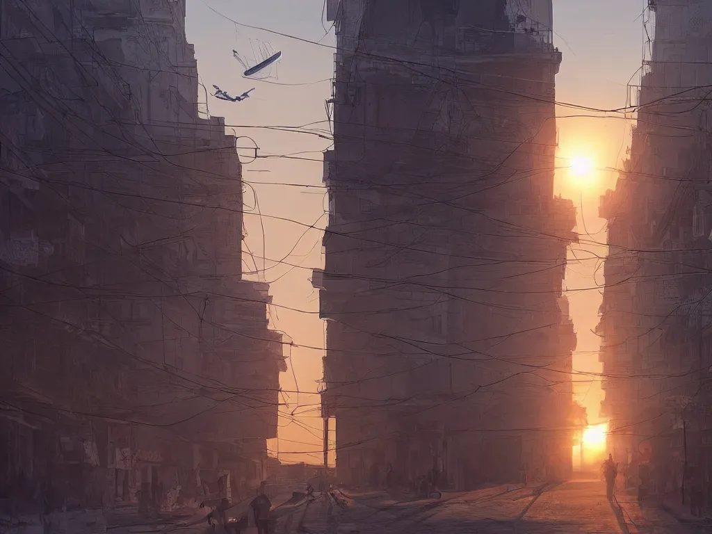 Image similar to streets of delhi, sunset, airship in the sky, clear skies in the distance, hyperreal, artstation