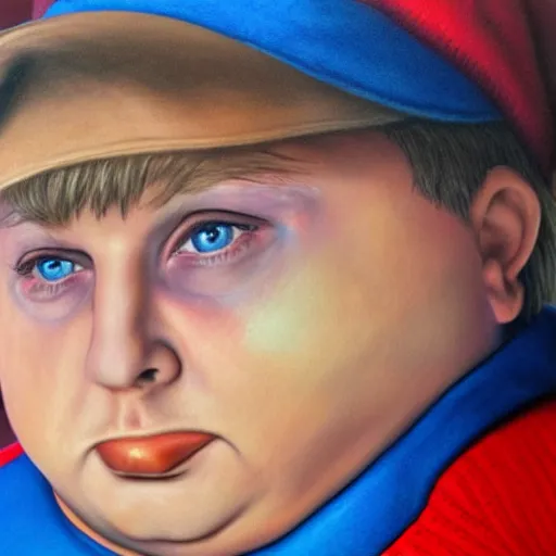 Image similar to Hyperrealistic Eric Cartman from South Park, realistic, colorful, HDR, hyper realism, pores visible, slightly gross, highly detailed