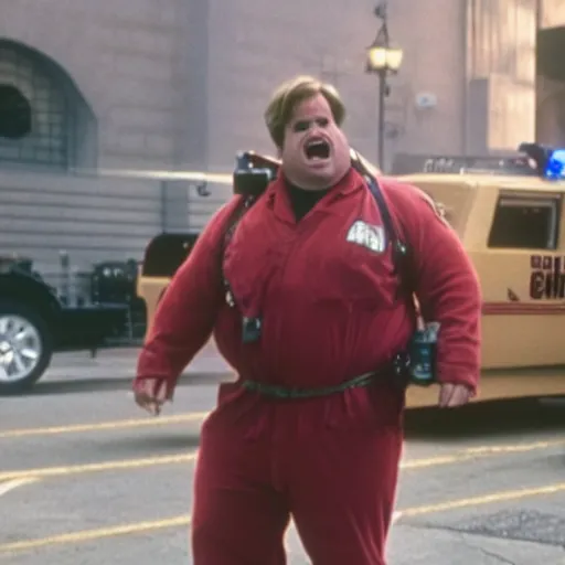Image similar to Chris Farley as a Ghostbuster in the movie Ghostbusters 8k hdr