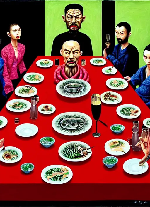 Prompt: hyper realistic detailed last supper image of a criminal yakuza reptile family in oriental clothes in an old italian restaurant feasting over alien brain salad and roasted flamingo dishes and drinking sparkling wine by Bel Fullana, Rhys Lee, Storm Thorgerson, and Danny Fox, neo expressionism, semi naive, rich deep colors, cinematic. Allison Schulnik painting, part by Adrian Ghenie and Gottfried Helnwein. art by Ron Mueck. masterpiece