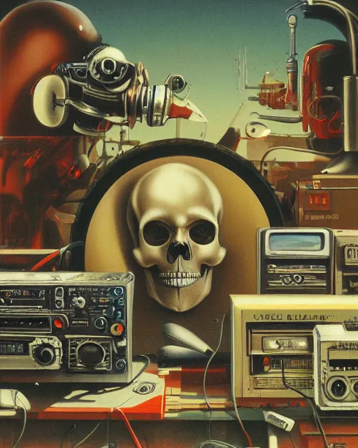 Prompt: a sacred skull observing 8 0 s era technology, vintage shapes, retro technology, vintage color, wayne barlow, oil on canvas, deep depth of field, masterpiece, cinematic composition, hyperdetailed