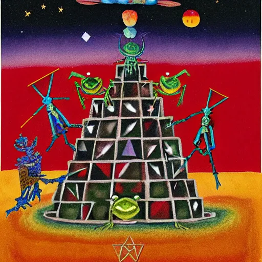 Image similar to pixel decollage painting tarot devil card composition tower of babel road red armor maggot bear and wonky alien frog skeleton knight on a horse in a dark red cloudy night sky with golden foil jewish stars, occult symbols and diamonds, mountain lake and blossoming field in background, painted by Mark Rothko, Helen Frankenthaler, Danny Fox and Hilma af Klint, pixelated, neo expressionism, semi naive, pastel colors, cinematic, color field painting, cave painting, voxel, pop art look, outsider art, minimalistic. Bill Traylor painting, part by Philip Guston and Francis Bacon. art by Adrian Ghenie, very coherent symmetrical artwork, cinematic, hyper realism, high detail, octane render, unreal engine, Smooth gradients, depth of field, full body character drawing, extremely detailed, 8k, extreme detail, intricate detail, masterpiece