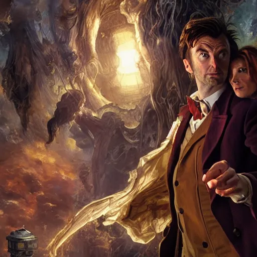 Image similar to david tennant as tenth doctor who and hermione granger in tardis, highly detailed, artstation, concept art, fantasy, smooth, sharp focus, illustration, perfect face, art by nikolay makovsky, jacek malczewski, arthur hughes, edward okun, franz xaver winterhalter