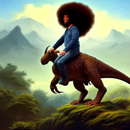 Image similar to bob ross!!! riding! a dinosaur!!, giant afro!, model pose, ultra realistic, concept art, intricate details, highly detailed, photorealistic, octane render, 8 k, unreal engine. art by artgerm and greg rutkowski and alphonse mucha