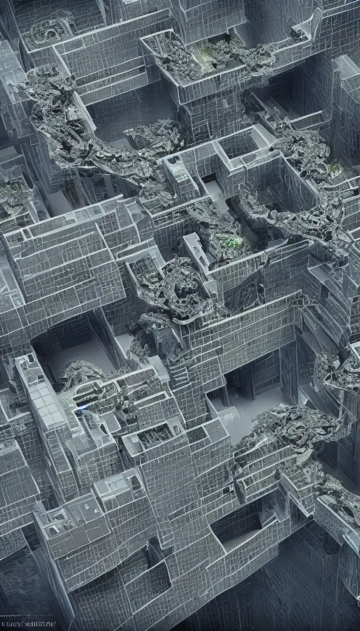 Image similar to giant modern smart futuristic lovecraftian building architecture, mc escher, transversal section, 8 k, ultra detailed, octane render, realistic