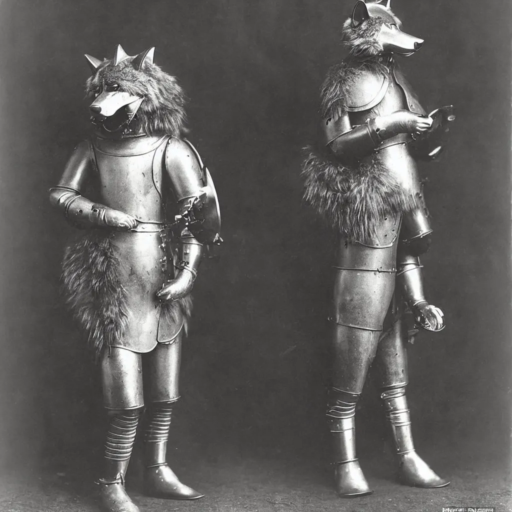 Image similar to anthropomorphic furry wolf in suit of armor, 1900s photograph