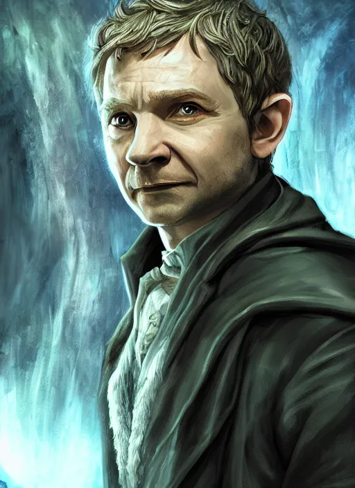 Prompt: A fantasy comic book style portrait painting of Martin Freeman as a hobbit mage in a stunning fantasy fortress, unreal 5, DAZ, hyperrealistic, octane render, RPG portrait, dynamic lighting