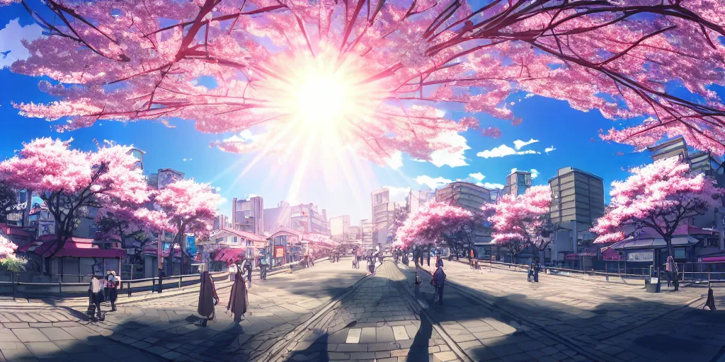 Image similar to anime style cityscape, spring season city, cherry blossoms blowing in the wind, day time, sun high in the sky, sun glare, clear weather, blue sky, tokyo japan, very few people walking, high detail and very sharp, detailed shading, artstation, wallpaper, anime art style, kyoto animation productions, koyoharu gotouge