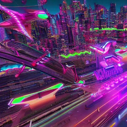 Prompt: A neon city with flying cars in the air, 4k, HD, hyper realistic, neon, vibrant, realistic