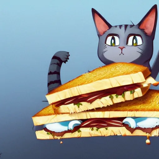 Prompt: a terrified cat running away from the giant carnivorous sandwich, artstation hq, dark phantasy, stylized, symmetry, modeled lighting, detailed, expressive, created by hayao miyazaki