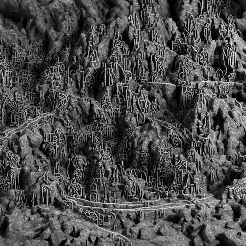 Prompt: the mines of moria. dwarven architecture carved out of the interior of a mountain. light from rivers of molten iron. immense open cavern with many levels of walkways spanning the void, stairs. drums in the deep. kingdom of dwarves. statues, geometric knot carvings, squared basalt support columns, photorealistic, 8 k