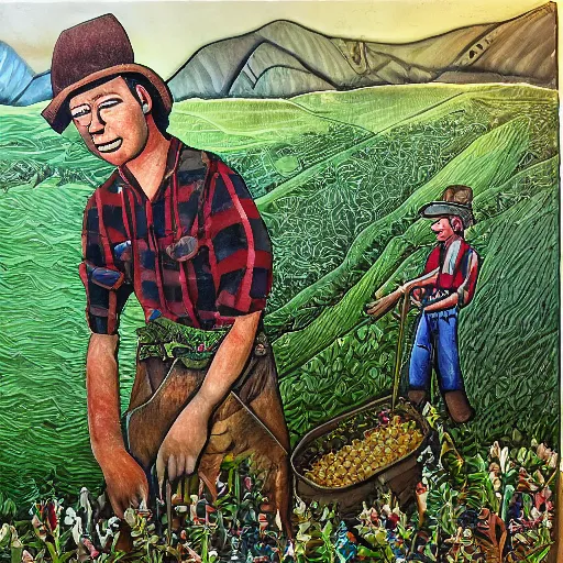 Prompt: a farmer, appalachian folk art, mixed media, 3 d, detailed, award winning