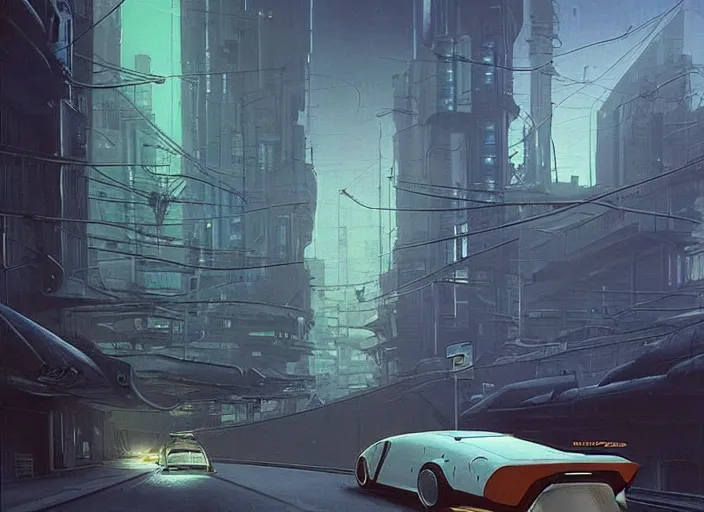 Prompt: a car driving down a street next to tall Forest-1 the night, cyberpunk art by Chesley Bonestell, cgsociety, retrofuturism, matte painting, reimagined by industrial light and magic