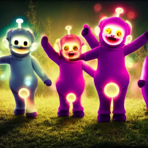 Image similar to A group of 4 Teletubbies that are part of a demonic cult, in the dense woods at night, laughing while in the act making a human sacrifice to Norse gods. Highly detailed, rendered in unreal engine 5, daguerreotype portrait.