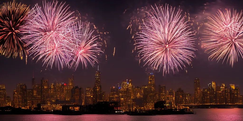 Image similar to amazing fireworks, view from ellis island, 4 th of july. sony a 7, f / 2. photography. photorrealism. high quality. high fidelity.