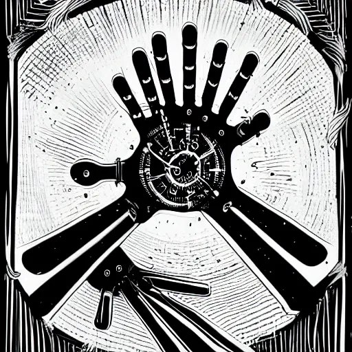 Prompt: streampunk clockwork hand, black and white line art