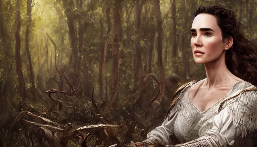 Image similar to A beautiful detailed painting of jennifer connelly as a female angel warrior in a magical forest by john sargent and Kalin Popov , Trending on artstation HD.