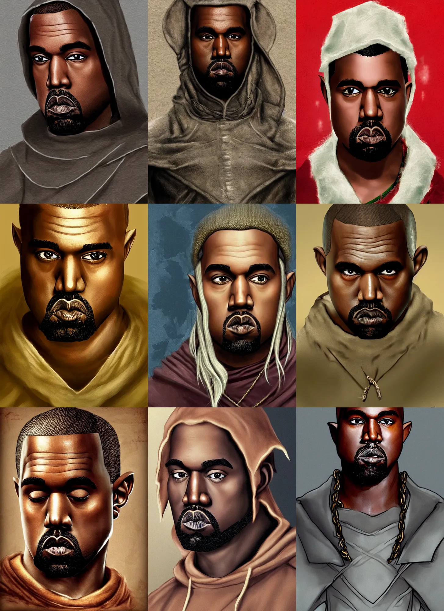 Prompt: kanye west as an elf from the lord of the rings elf, long hair, pointy ears, artstation, epic, detailed