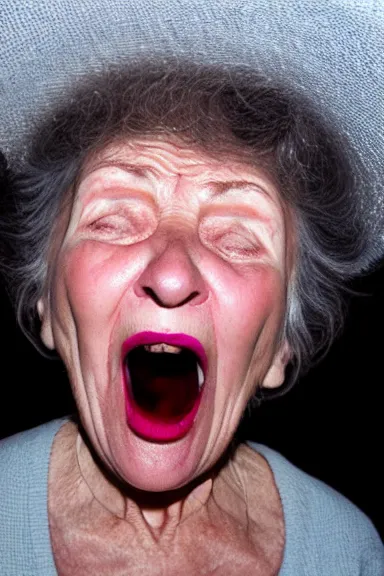 Prompt: an old grandma screaming because she accidentally took a selfie with the flash on