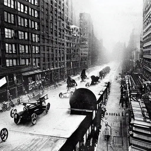 Image similar to old black and white photo, 1 9 1 3, depicting batman's batmobile from dark knight rampaging through the bustling streets of new york city, rule of thirds, three - point perspective, historical record