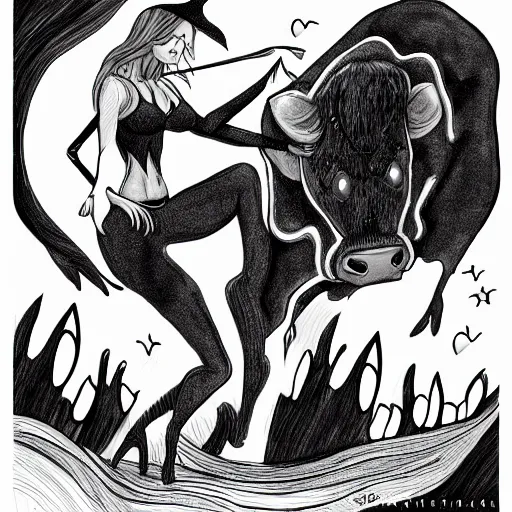 Image similar to fantasy art of a witch turning a man into a cow, black and white fur, pink udder, extremely detailed, trending on artstation