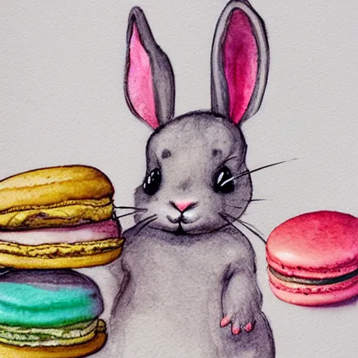 Image similar to A bunny wearing a baker's hat, a plate of macarons on the table. Water Colors, 2017