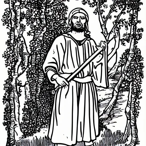 Image similar to coloring book sheet of a man in Biblical clothing holding a sword