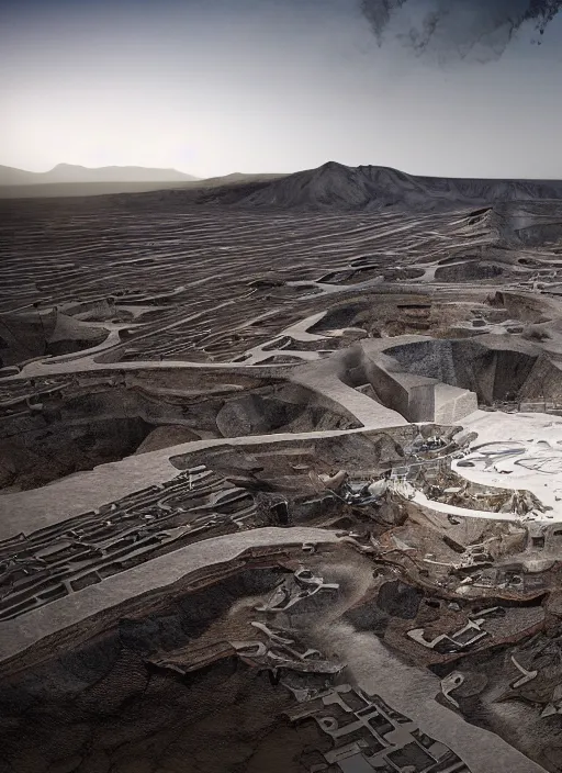 Image similar to bioremediation white architecture, in the mining tailings of chuquicamata, epic, cinematic, hyperealistic, high detailed, corona render, hdr, ray tracing
