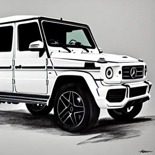 Image similar to White 2019 Mercedes G63, highly detailed, digital painting, artstation, concept art, smooth, sharp focus, illustration, art by artgerm and greg rutkowski and alphonse mucha