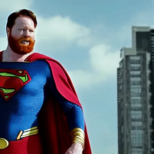 Prompt: angriestpat with red beard starring as superman, movie still, 8 k