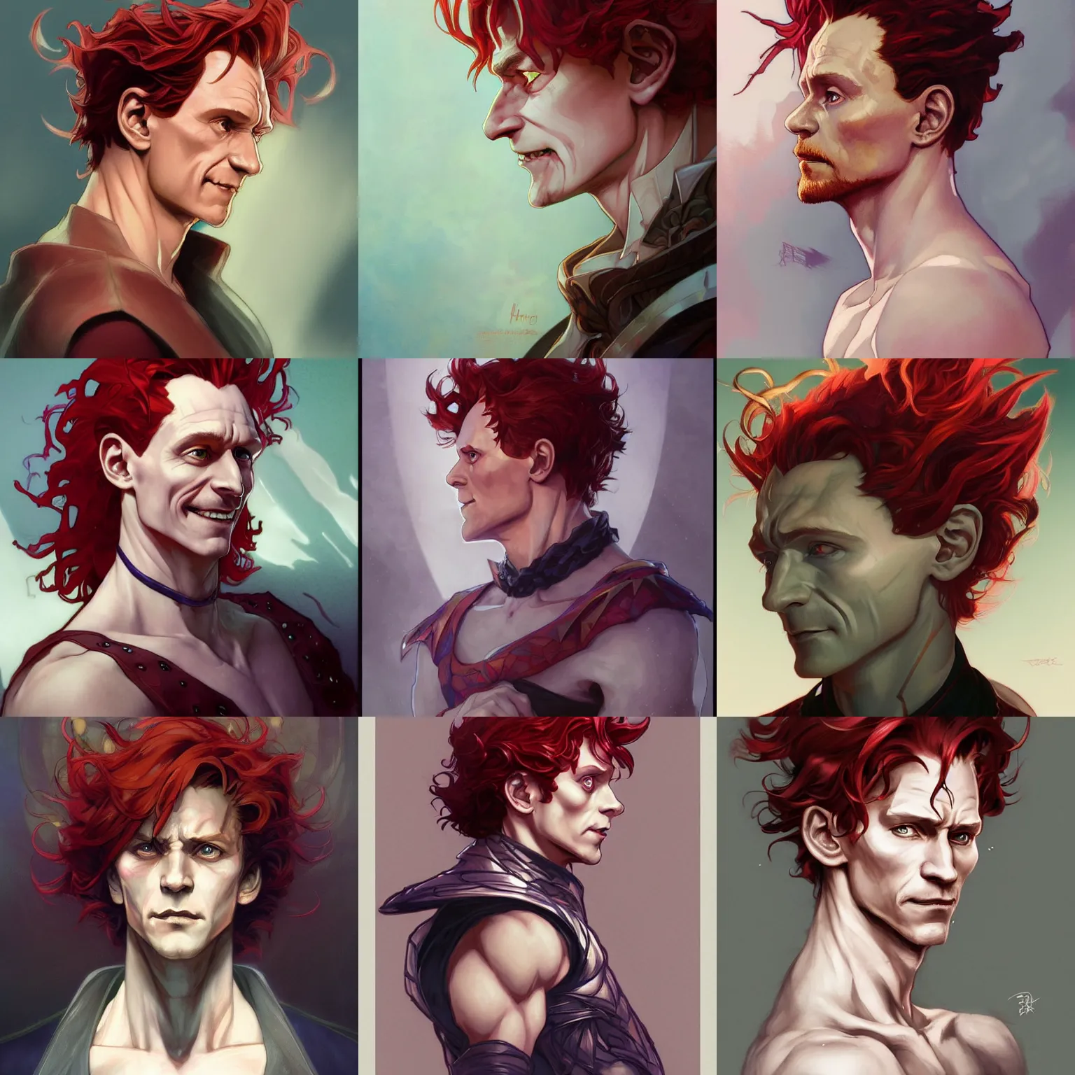 Image similar to hisoka, tom hiddleston, art by artgerm and greg rutkowski and alphonse mucha, smirking face, reddish hair, d & d, fantasy, portrait, highly detailed, side profile, digital painting, trending on artstation, concept art, sharp focus, illustration