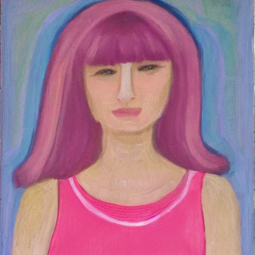 Image similar to portrait of a woman with bangs and blonde hair wearing a pink dress