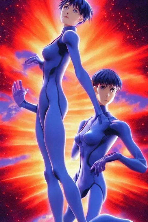 Image similar to beautiful cinematic Neon Genesis Evangelion poster, art direction by Drew Struzan ;by artgerm; wayne reynolds, wayne barlowe, art station; cinematic quality character render; low angle; ultra high quality model; production quality cinema model