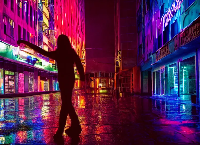 Prompt: a silhouetted person with long, flowing hair runs through an empty neon - lit brutalist city in the rain, colored gel lighting, reflective surfaces, midnight, portra, film grain, high contrast, hyperdetailed, chromatic aberration, reminiscent of the umbrellas of cherbourg, dynamic pose