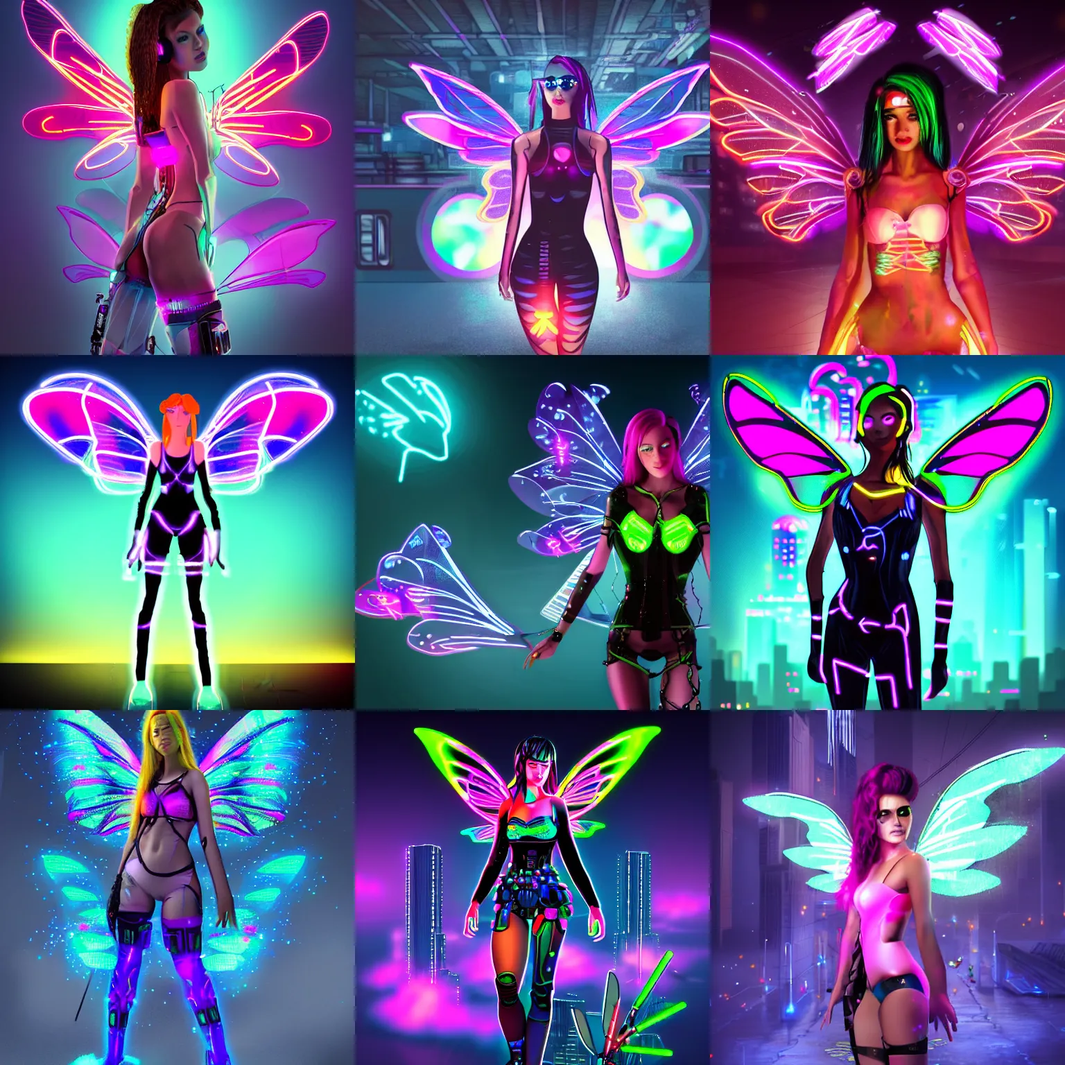 Prompt: cyberpunk fairy girl with firefly wings and neon in a cyberpunk city