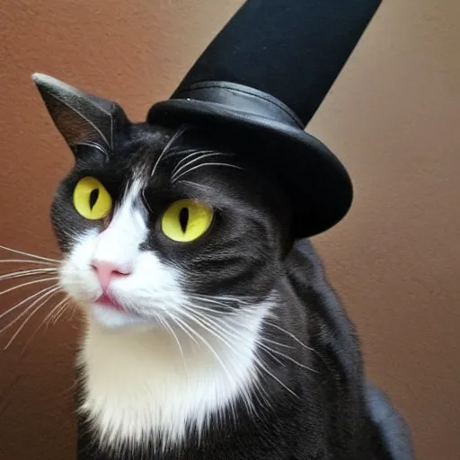 Image similar to a cat wearing a black leather hat, frontal view, cool looking