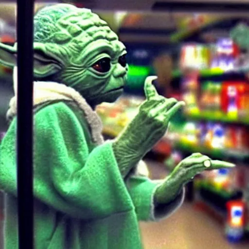 Prompt: CCTV footage of Yoda robbing a supermarket, high detailed