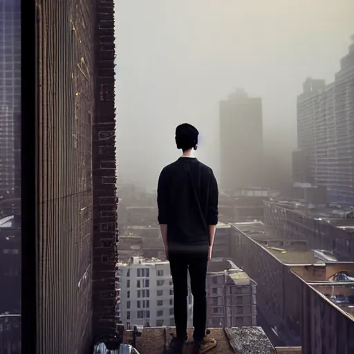 Prompt: un ultra high definition studio quality photograph portrait of a pale young man with black hair standing on the rooftop of an apartment building wearing eclectic clothes looking away from the camera. wide angle. morning. art directed. clear. fog. three point light. extremely detailed. golden hour, golden ratio, ray tracing, volumetric light, shallow depth of field.