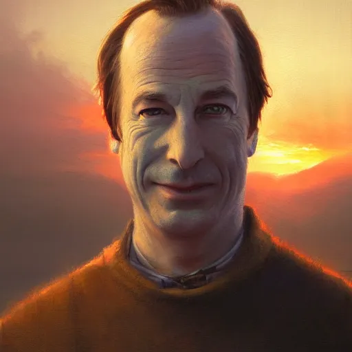 Image similar to portrait of bob odenkirk, sunset, gorgeous view, depth, painted by seb mckinnon, high detail, digital art, painted by greg rutkowski, trending on artstation