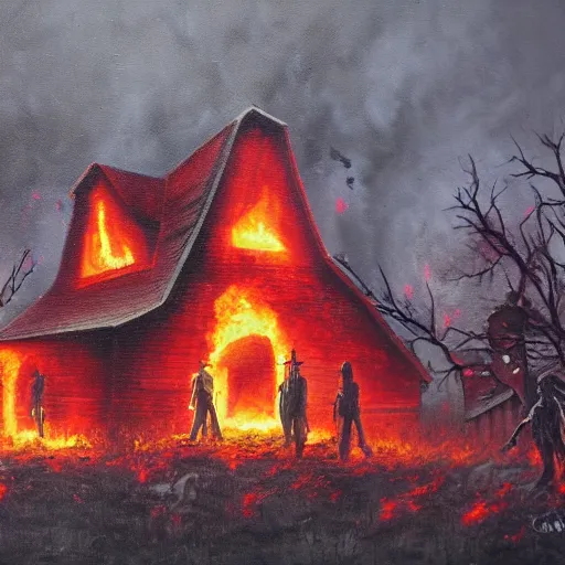 Image similar to burning barn with zombies 4k oil painting