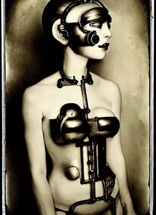 Image similar to photography of beautyful female android steampunk by joel peter witkin,