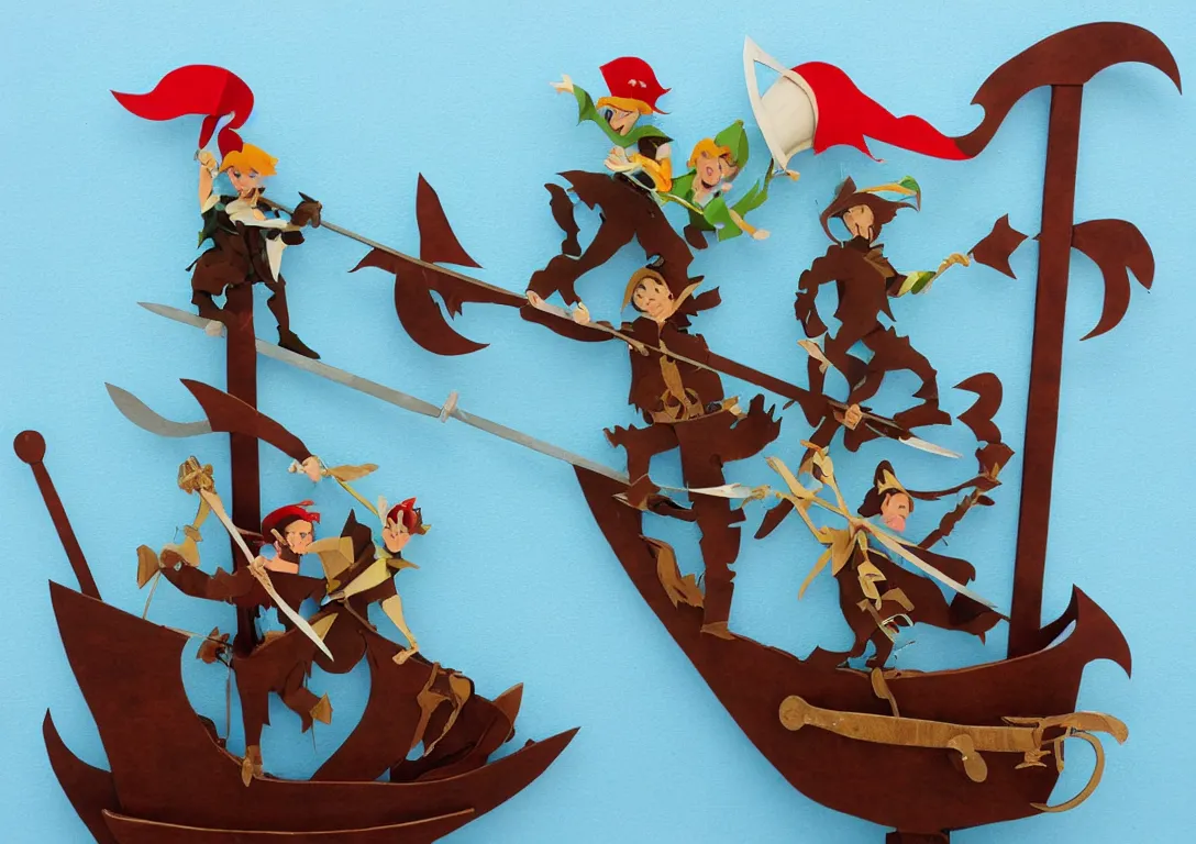 Image similar to a stylized cut paper sculpture of peter pan and captain hook sword fighting on a pirate ship