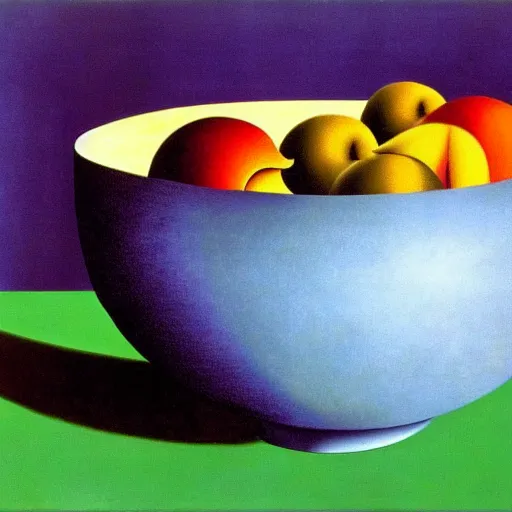 Prompt: surreal bowl of fruit by Rene Magritte