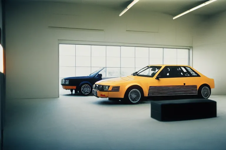 Prompt: 1984 Audi Quattro, BMW M1 Lincoln Continental, inside of a minimalist Tokyo garage, ektachrome photograph, volumetric lighting, f8 aperture, cinematic Eastman 5384 film