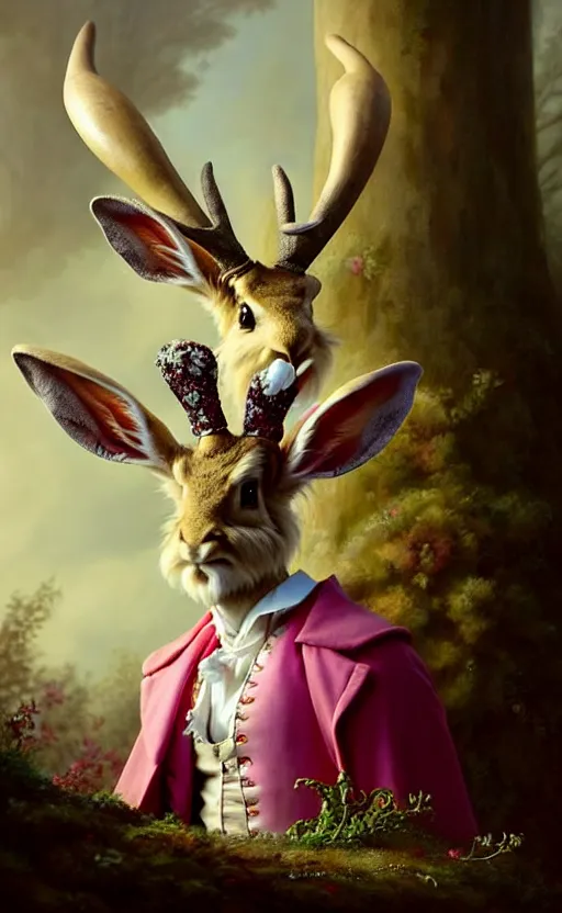 Prompt: a beautiful closeup shot from a fantasy film of a humanoid jackalope wearing a pink ballgown, anthropomorphic jackalope with antlers, full body portrait, joseph ducreux, greg rutkowski.