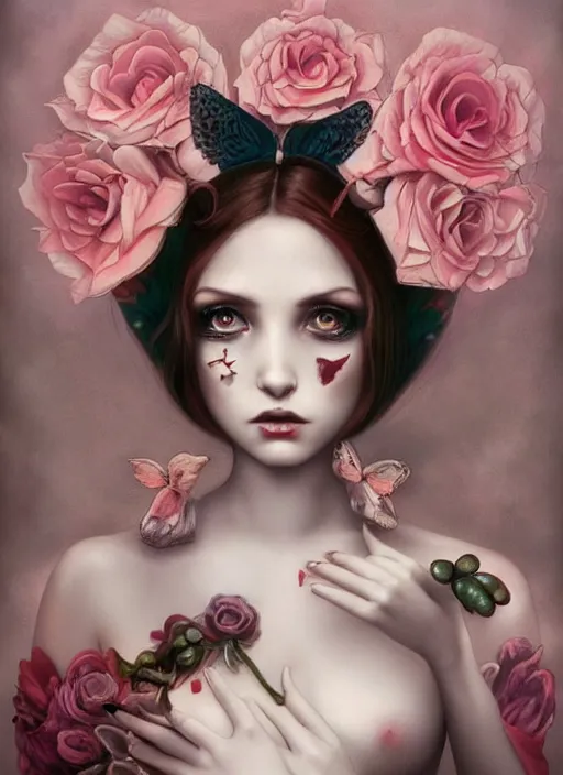 Prompt: pop surrealism, lowbrow art, realistic beautiful seductive girl painting, flowing gown, hyper realism, muted colours, natalie shau, loreta lux, tom bagshaw, mark ryden, trevor brown style,