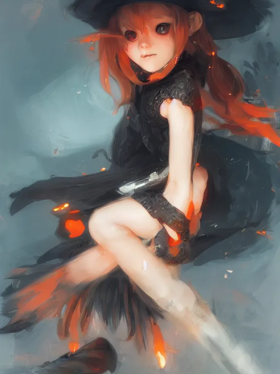 Prompt: Full shot of a cute mischievous young witch about to get up to some trouble. Black and Orange palette. By Ruan Jia and Artgerm and Range Murata and WLOP and CLAMP. Key Art. Fantasy Illustration. award winning, Artstation, intricate details, realistic, Hyperdetailed, 8k resolution.